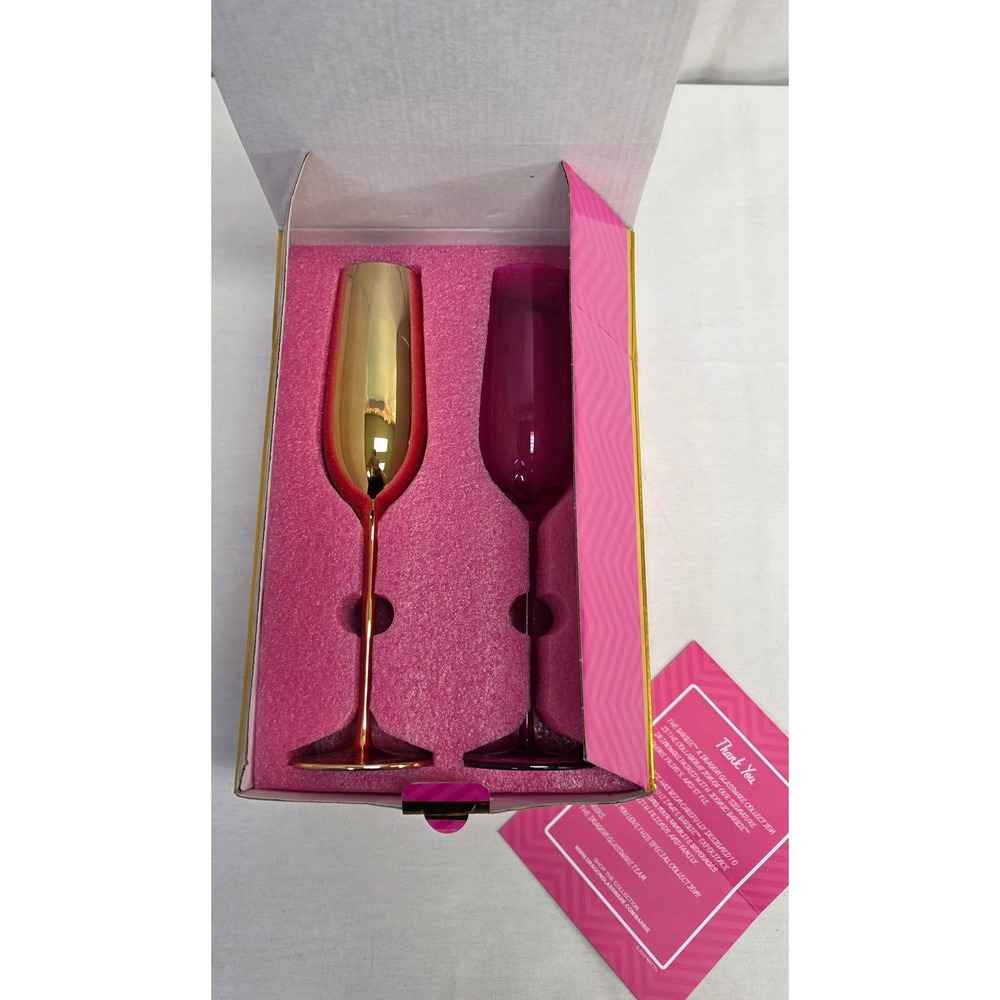 Barbie x Dragon Glassware Champagne Flutes Set of 2 Gold and Pink LimitedEdition - Picture 2 of 16